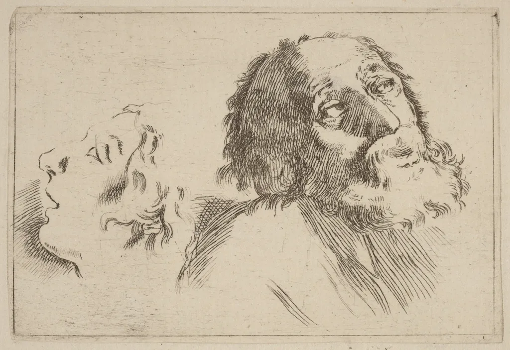 Study of Heads, One Turned to the Right and the Other Turned Left, by Stefano Della Bella, ink, 1637