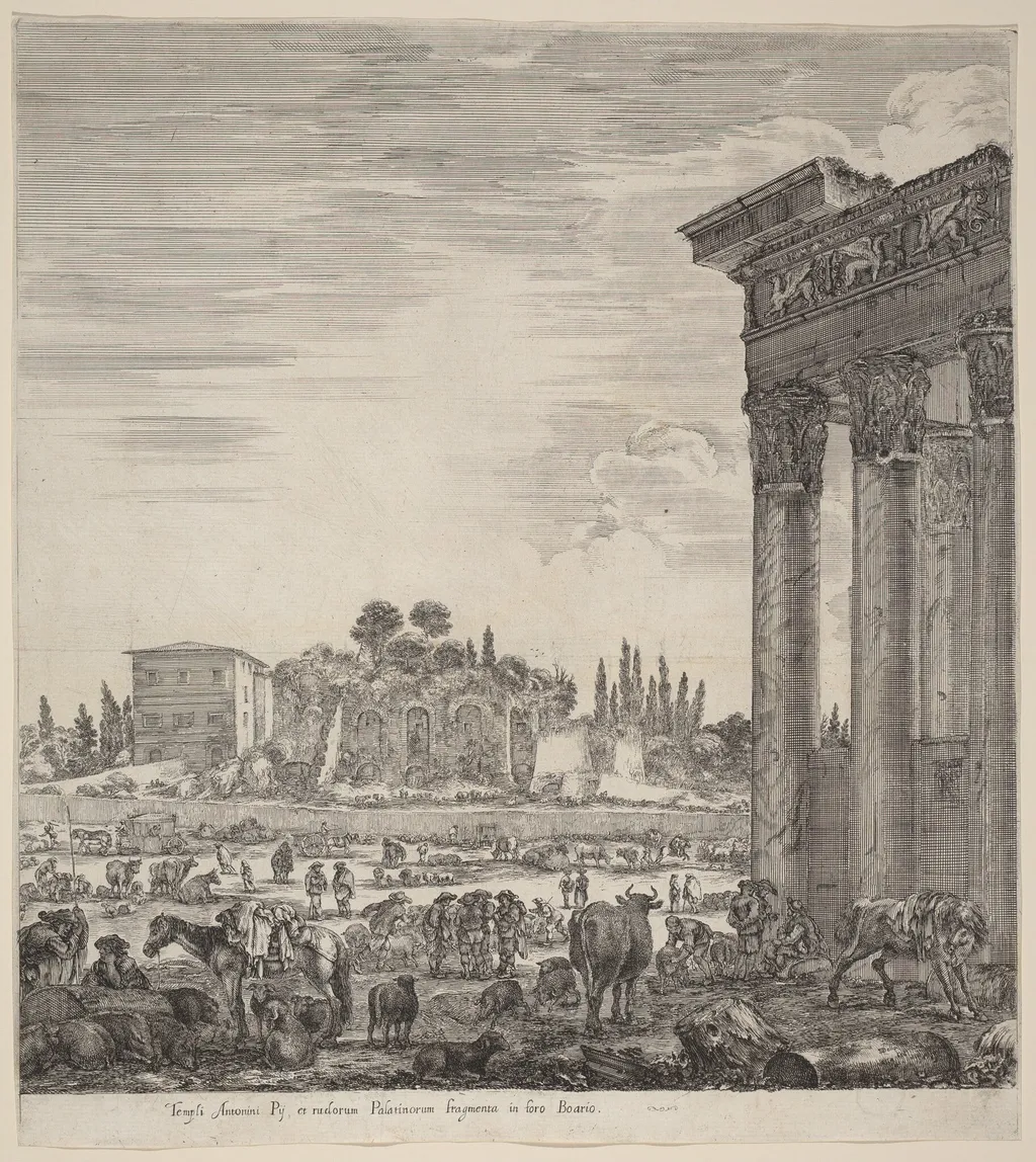Temple of Antonius and the Campo Vaccino, by Stefano Della Bella, ink, 1656