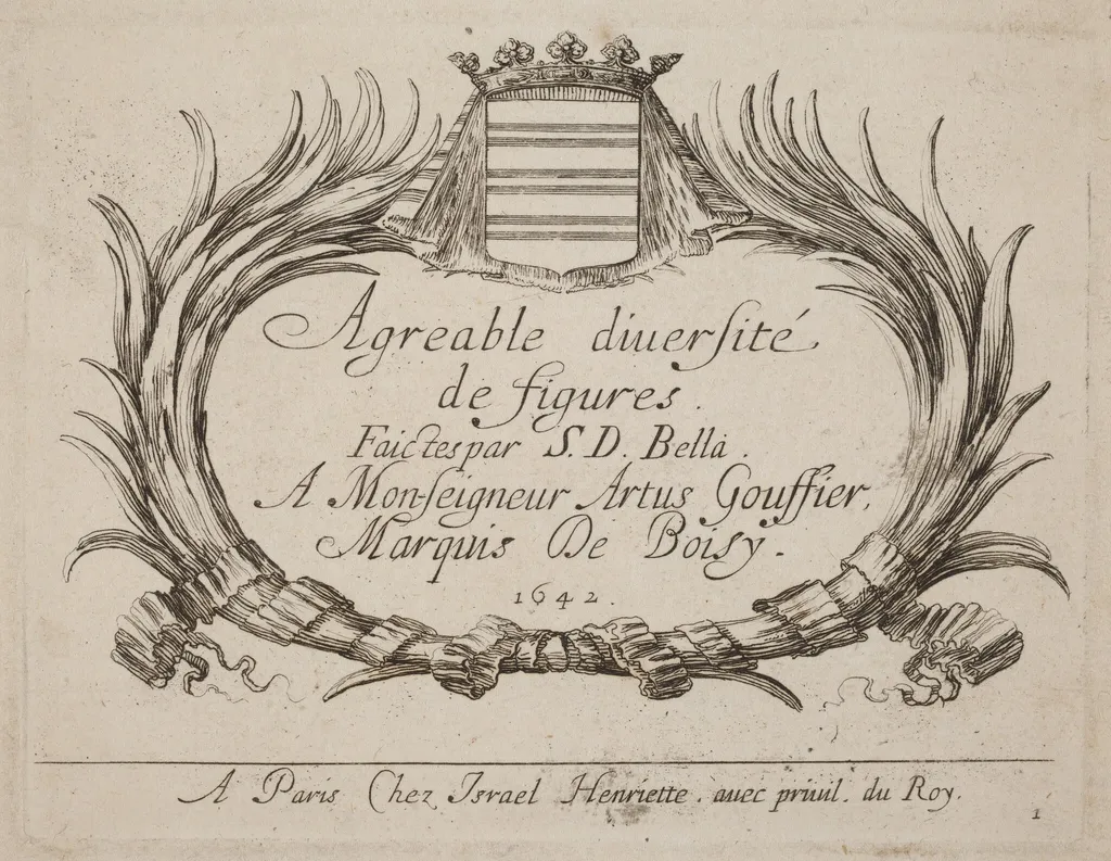 Title Page for "Agreable diversite de figures", by Stefano Della Bella, ink, 1642