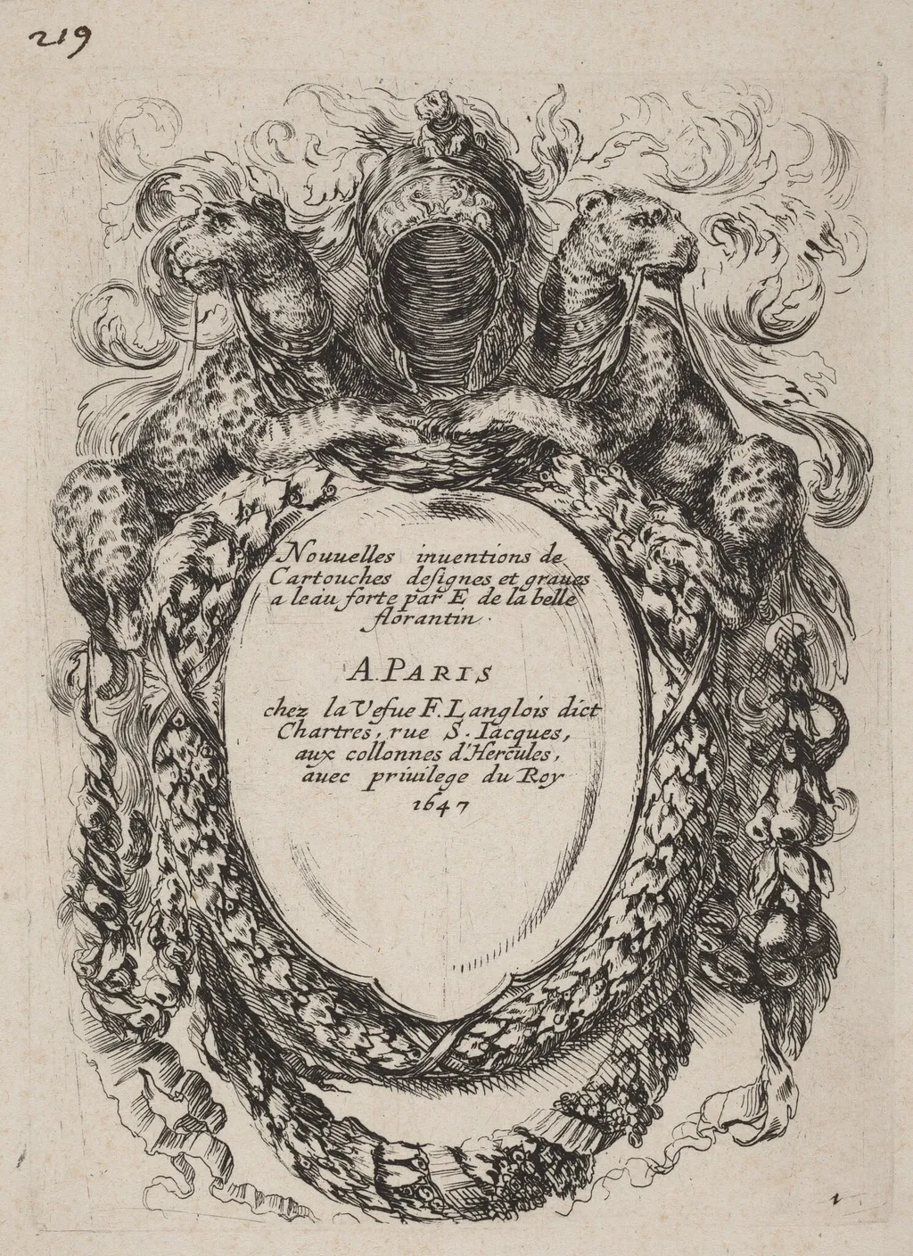Title Page for "Nouvelles inventions de Cartouches", by Stefano Della Bella, ink, 1647