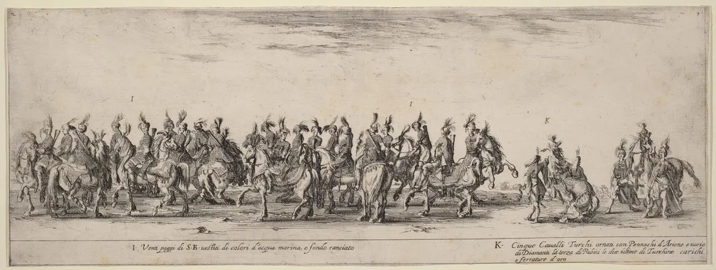 Twenty Pages and Five Turkish Horses, by Stefano Della Bella, ink, 1633