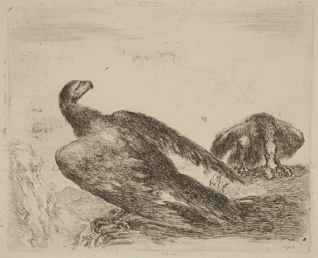 Two Eagles on a Promitory, by Stefano Della Bella, ink, 1637