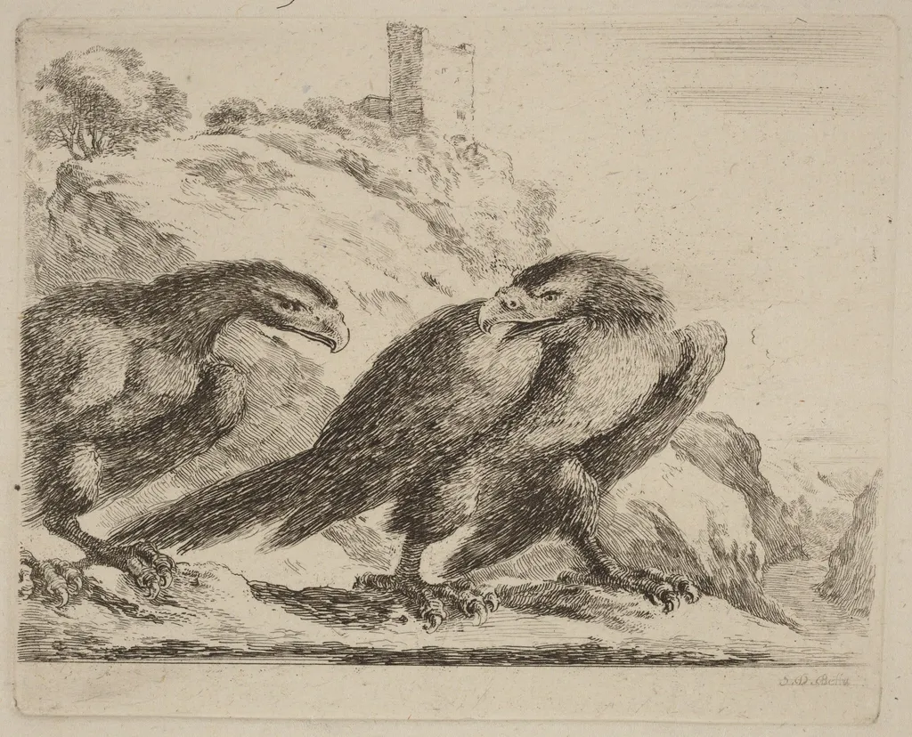 Two Eagles with Tower in Background, by Stefano Della Bella, ink, 1637