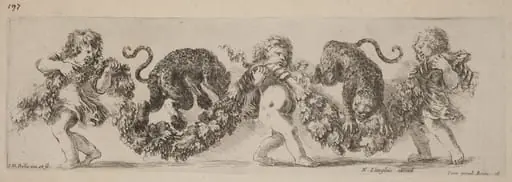 Two Leopards Jumping a Festoon Supported by Children
