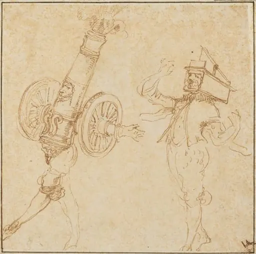 Two Men in Masquerade Costumes: A Cannon Firing and a Cat Inside a Mousetrap, by Stefano Della Bella