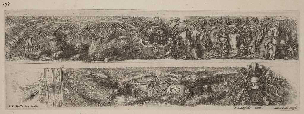 Two Ornamental Bands with Chained Leopards and Eagles, by Stefano Della Bella, ink, 1648