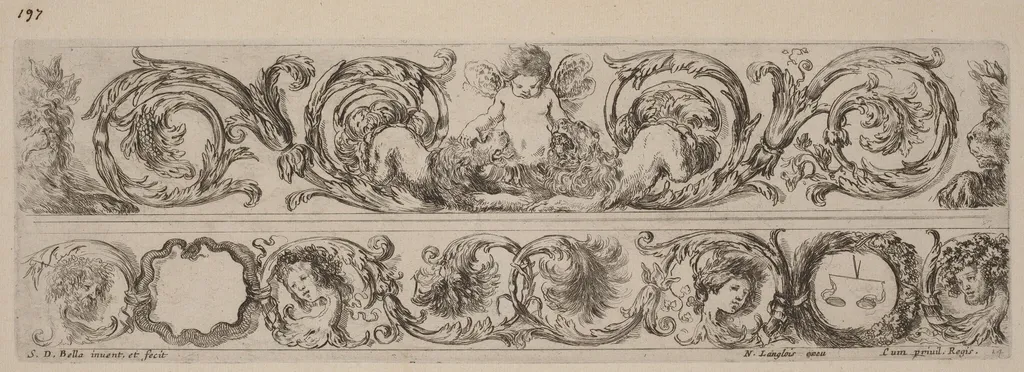 Two Ornamental Bands with Cupid and Heads of the Four Seasons, by Stefano Della Bella, ink, 1648