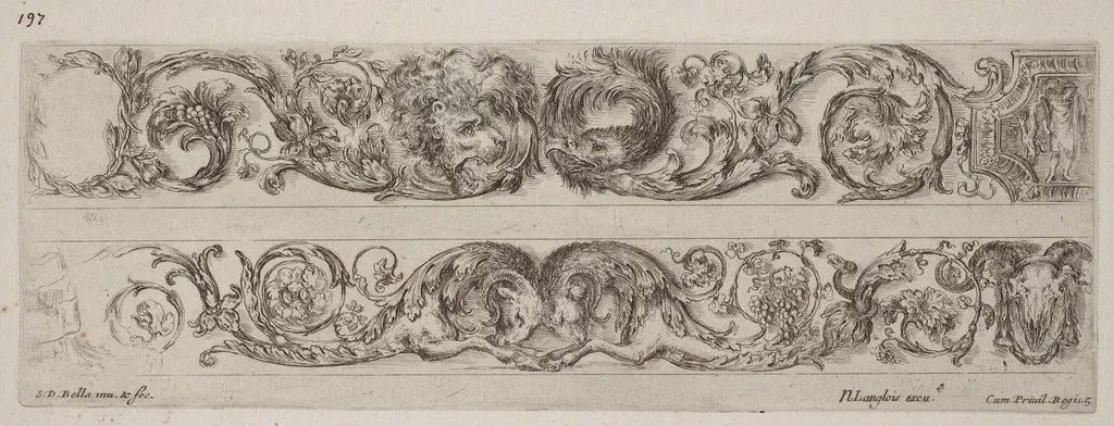 Two Ornamental Bands with Facing Heads of Lion and Eagle, and Two Rams, by Stefano Della Bella, ink, 1648