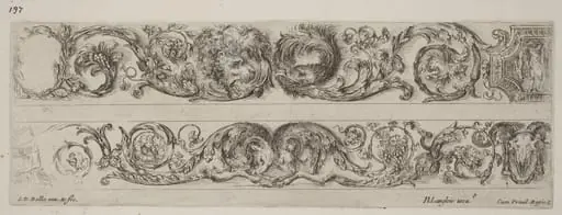 Two Ornamental Bands with Facing Heads of Lion and Eagle, and Two Rams, by Stefano Della Bella