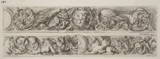 Two Ornamental Bands with Head of a Lion and Woman, by Stefano Della Bella