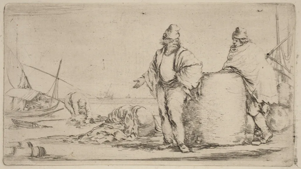 Two Sailors Standing near a Large Bale of Merchandise, by Stefano Della Bella, ink, 1637