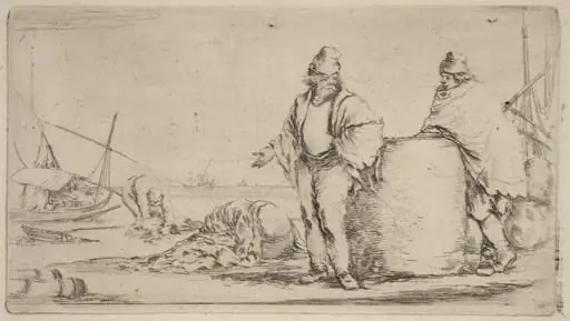Two Sailors Standing near a Large Bale of Merchandise, by Stefano Della Bella