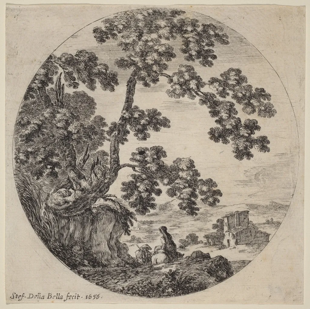 Two Travelers Passing by an Old Oak Tree, by Stefano Della Bella, ink, 1656