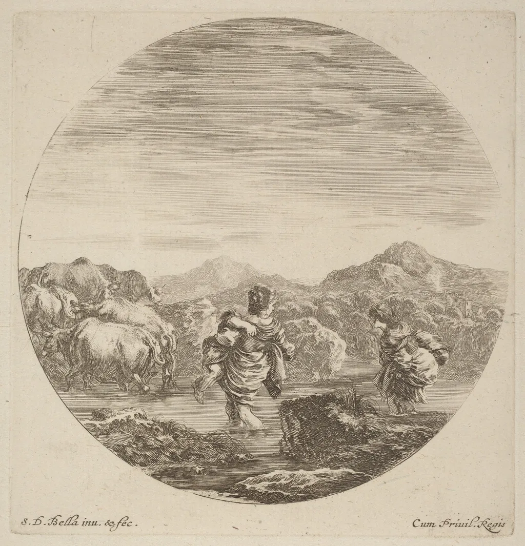 Two Women Fording a Creek with a Herd of Cows, by Stefano Della Bella, ink, 1637