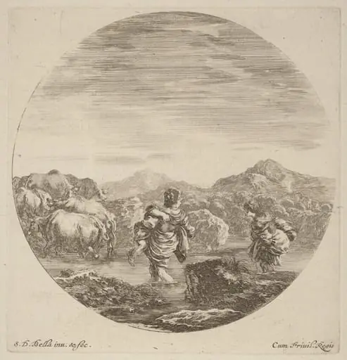 Two Women Fording a Creek with a Herd of Cows, by Stefano Della Bella