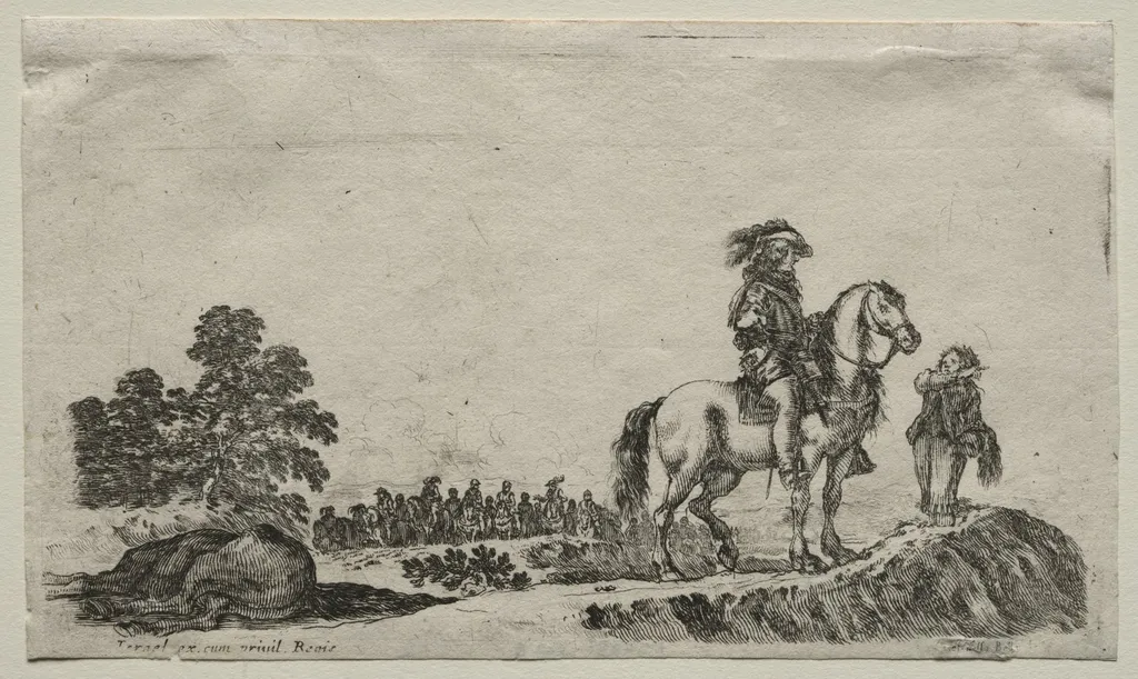 Various Figures and Landscapes: A Lost Horseman Enquiring the Way, by Stefano Della Bella, 1649