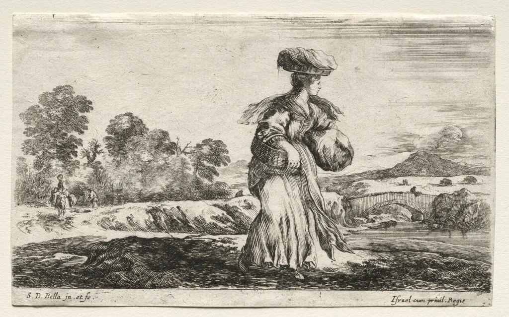 Various Figures and Landscapes: Peasant Woman Carrying a Basket on her Head, by Stefano Della Bella, 1649