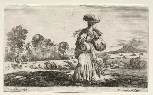 Various Figures and Landscapes:  Peasant Woman Carrying a Basket on her Head, by Stefano Della Bella