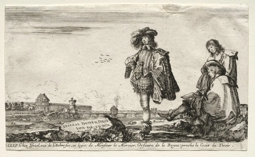 Various Figures and Landscapes: Title Page - Three Figures, by Stefano Della Bella, 1649