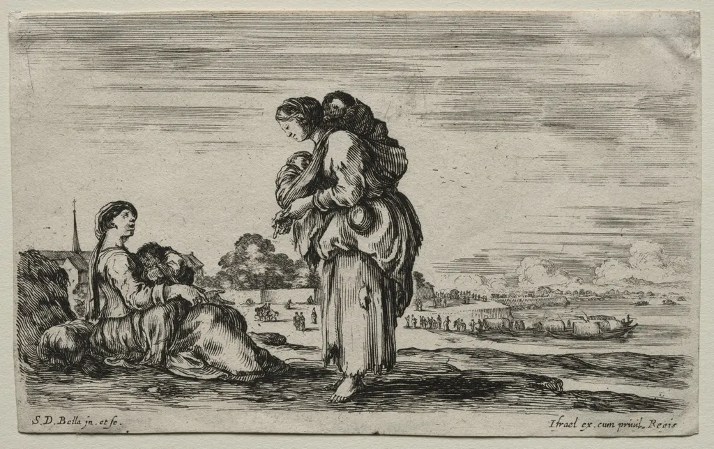 Various Figures and Landscapes: Two Mothers Chatting Together, by Stefano Della Bella, 1649