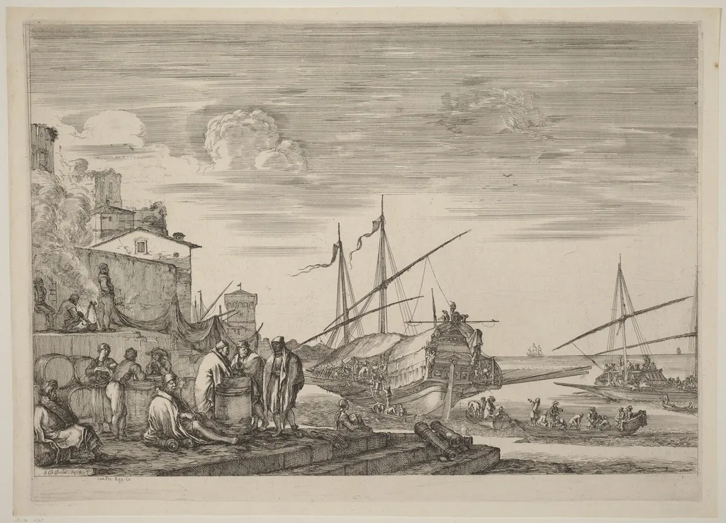 View of Several Houses Facing the Port, by Stefano Della Bella, ink, 1654