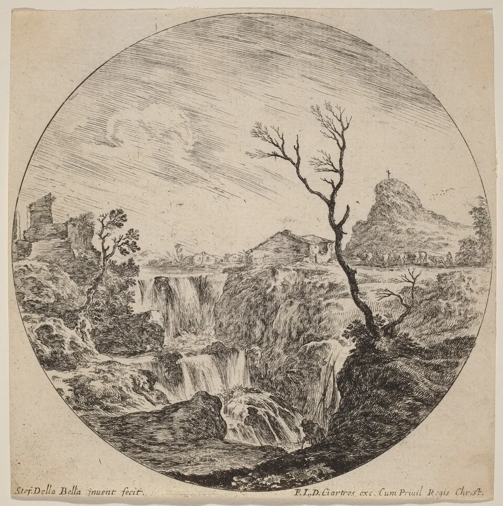 Waterfall with Three Tiers, by Stefano Della Bella, ink, 1646