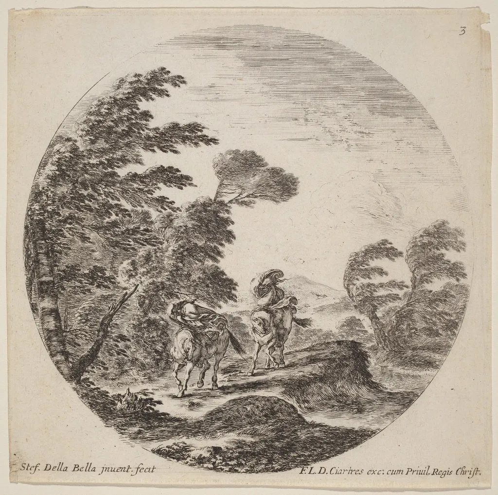 Windblown Horsemen, by Stefano Della Bella, ink, 1646