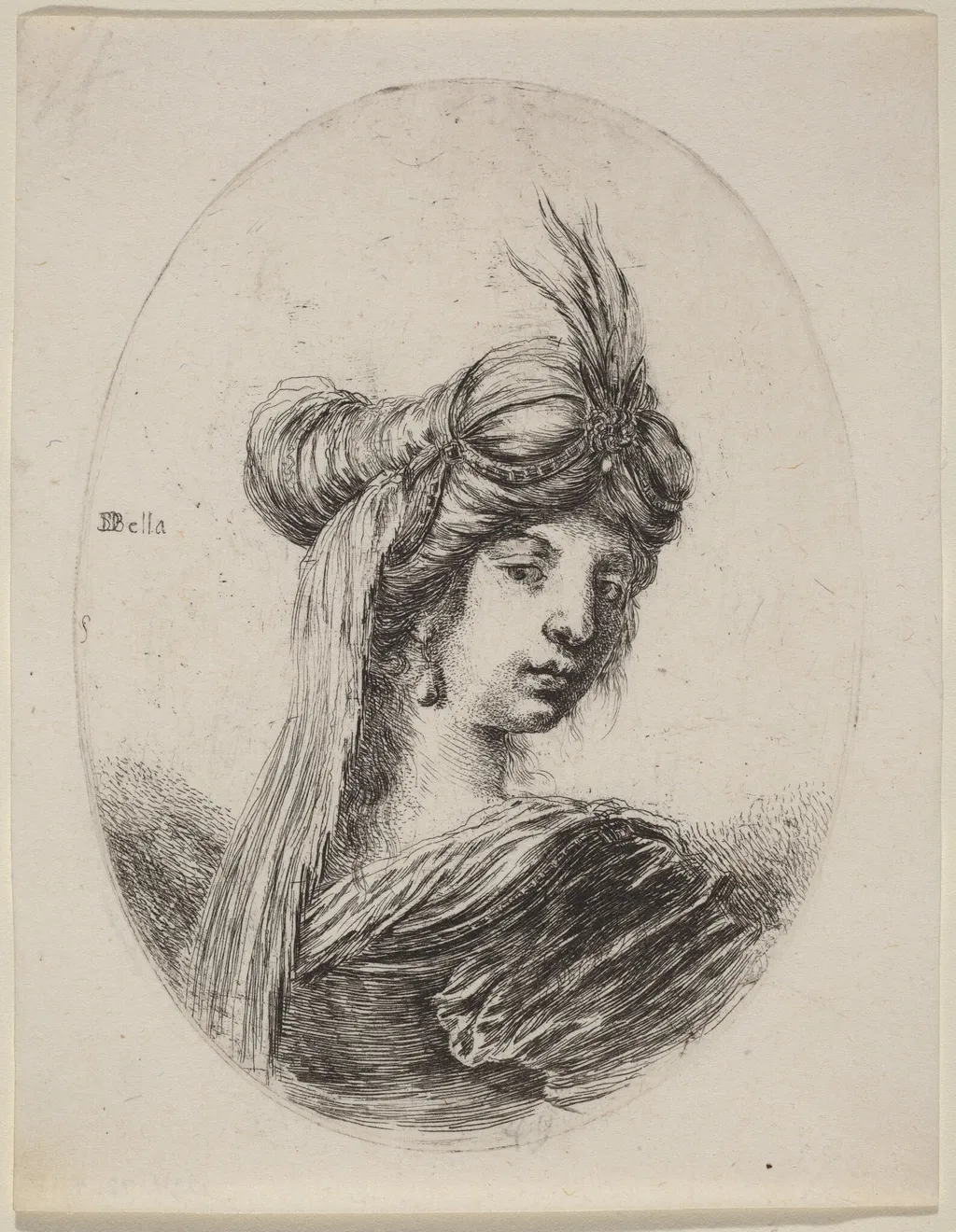 Woman in a Feathered Turban with a Veil, Turned to the Right, by Stefano Della Bella, ink, 1650