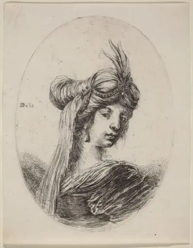 Woman in a Feathered Turban with a Veil, Turned to the Right, by Stefano Della Bella