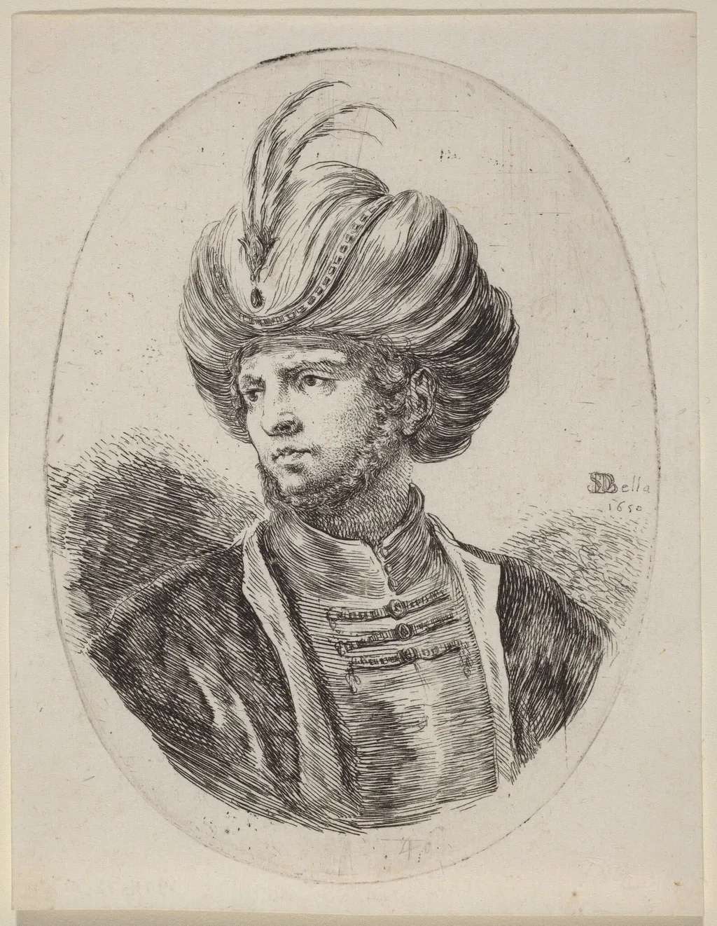 Young Moor with a Slight Beard and Feathered Turban, Turned to the Left, by Stefano Della Bella, ink, 1650