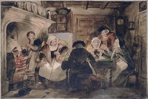 A cottage interior with a group of old women drinking tea and conversing, by Stephanoff
