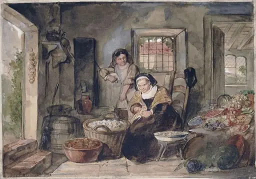 Interior of fruit seller's cottage with two female figures, by Stephanoff