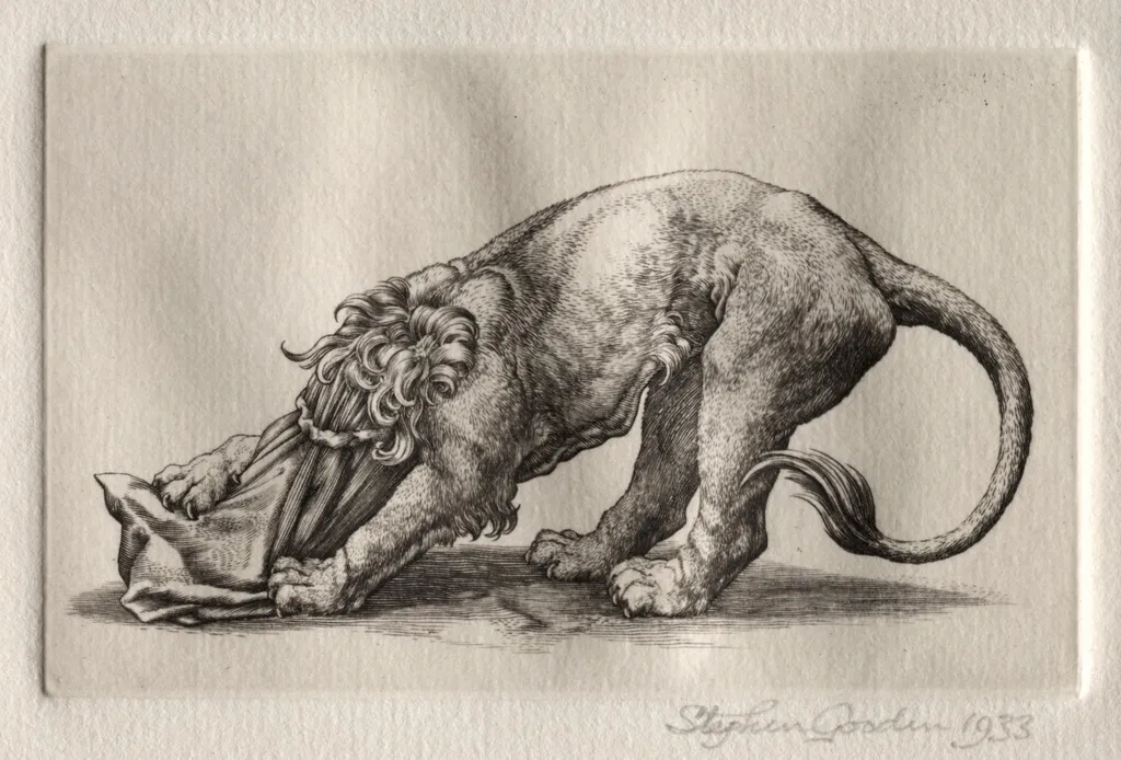 Illustration for "Peronnik the Fool": A Lion Tearing at a Sack, by Stephen Gooden, 1933
