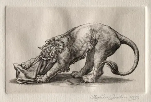 Illustration for "Peronnik the Fool":  A Lion Tearing at a Sack, by Stephen Gooden