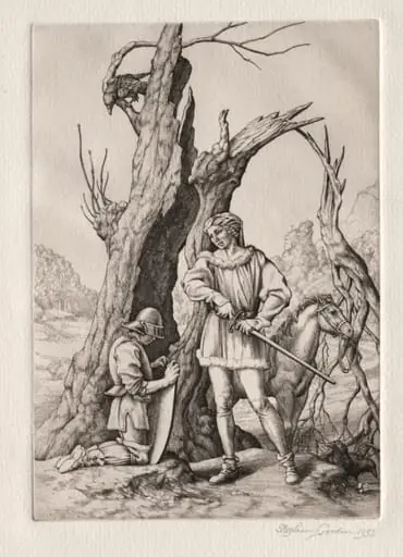 Illustration for "Peronnik the Fool": Peronnik and Sir Gilles, by Stephen Gooden