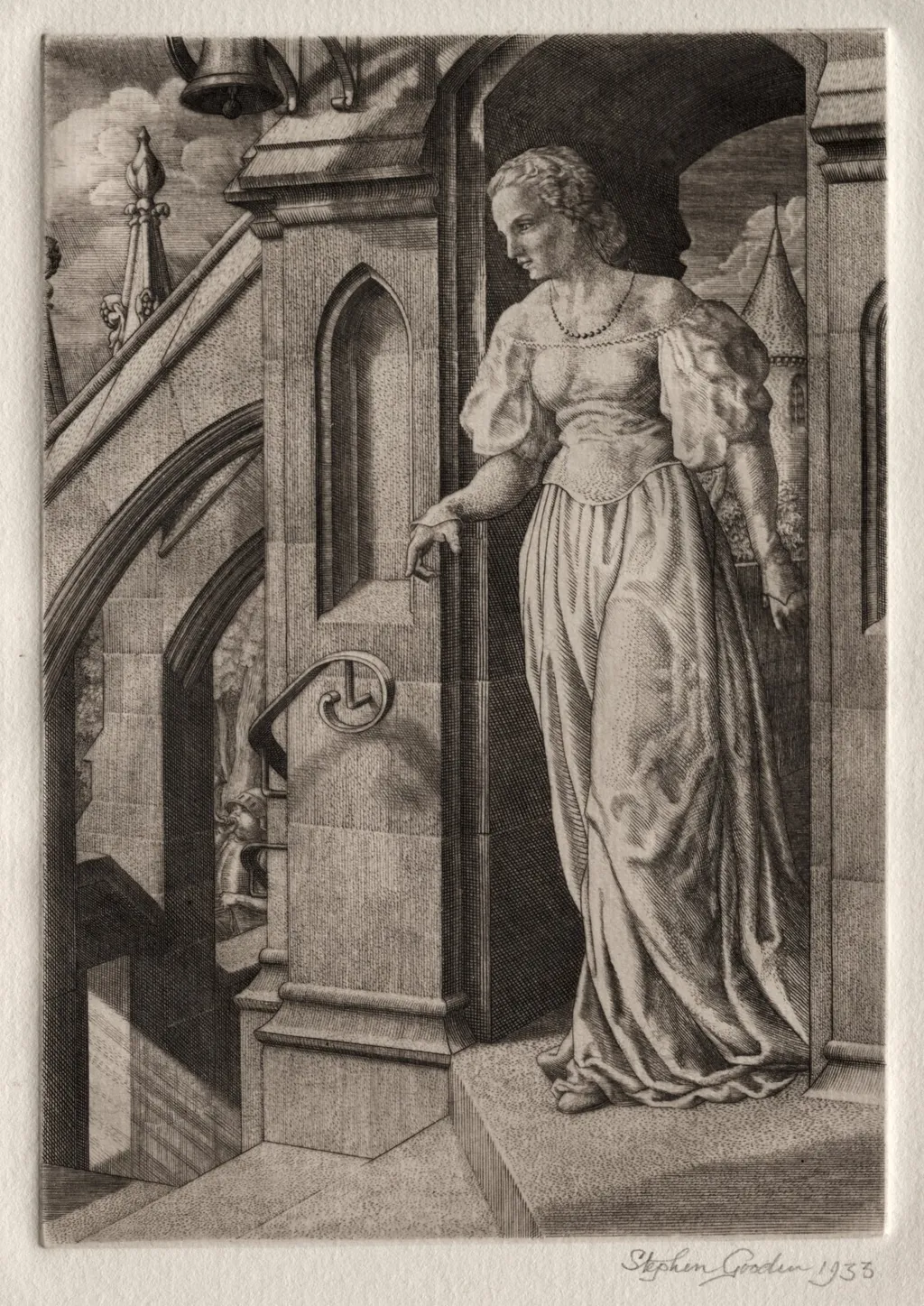 Illustration for "Peronnik the Fool": Redemonde on the Staircase, by Stephen Gooden, 1933