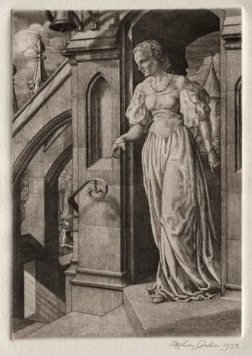 Illustration for "Peronnik the Fool":  Redemonde on the Staircase, by Stephen Gooden