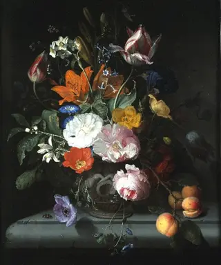 Still Life of Flowers with a Branch of Peaches, by Jacob van Walscapelle