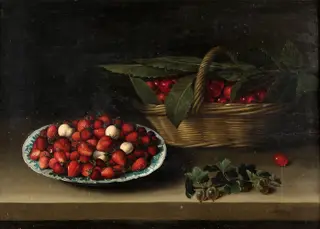 Still Life with a Bowl of Strawberries, Basket of Cherries, and Branch of Gooseberries
