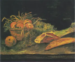 Still Life with Apple Basket, Meat and Bread Rolls