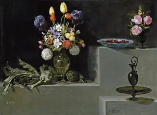 Still life with Artichokes, Flowers and glass Vessels, by Juan van der Hamen