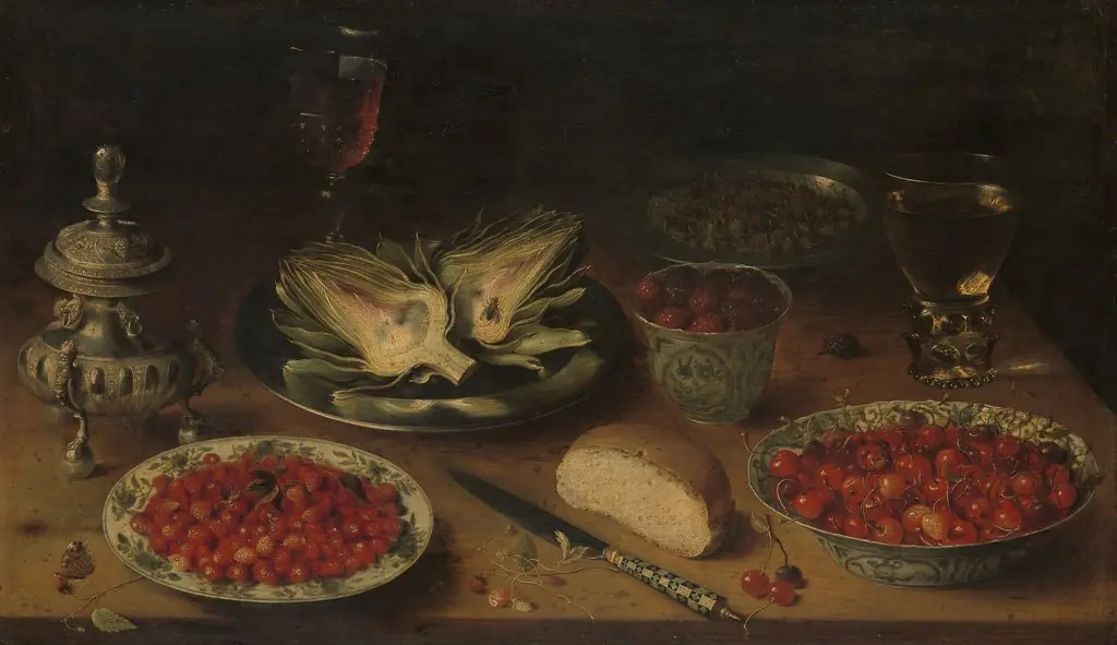 Still life with chinese porcelain, berries, and artichokes