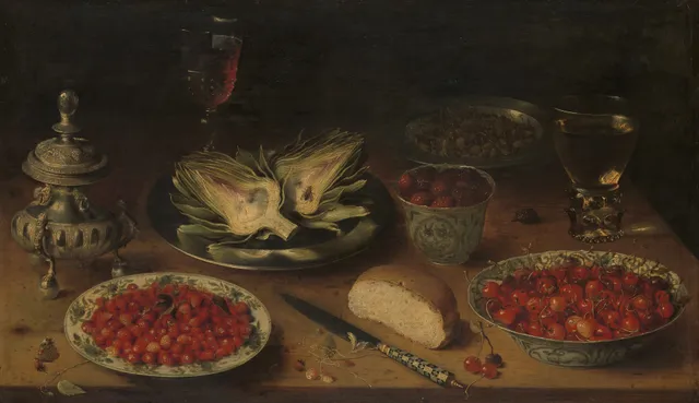 Still life with chinese porcelain, berries, and artichokes
