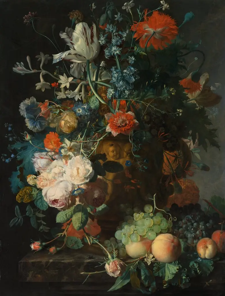 Still life with flowers and fruit