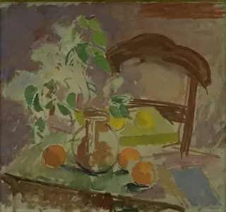 Still Life with Flowers, Fruits and the Back of a Chair, by Karl Isakson