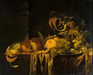 Still life with fruit, bread, and glassware