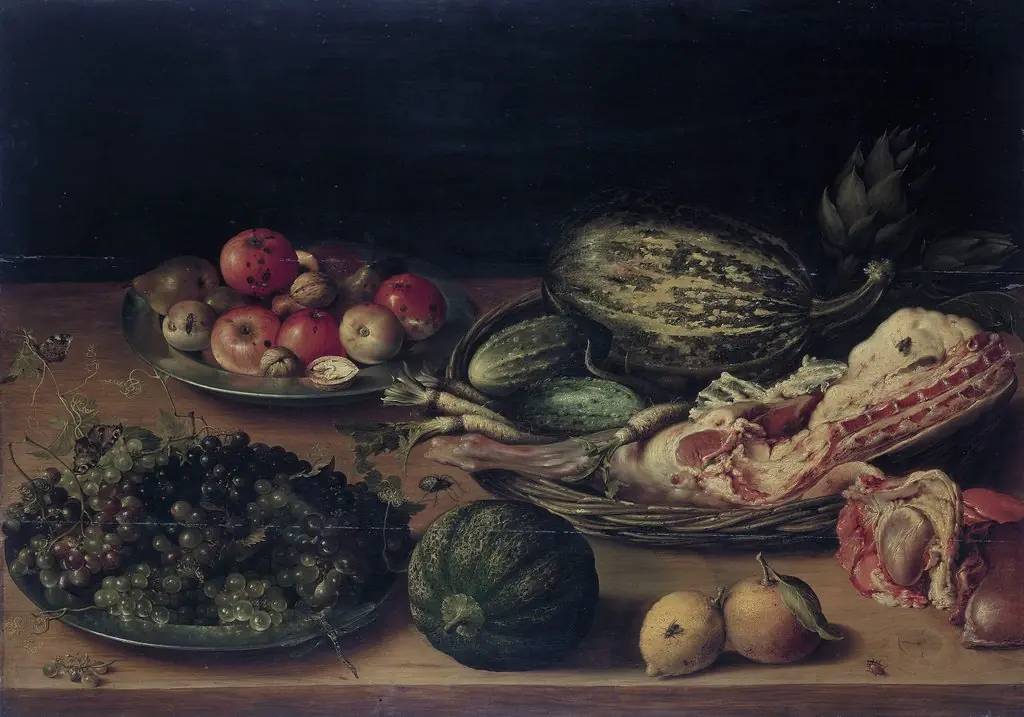 Still life with fruit, vegetables and joint of veal