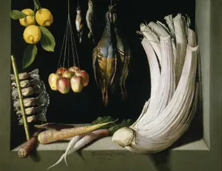 Still Life with Game Fowl,Vegetables and Fruits, by Juan Sánchez Cotán