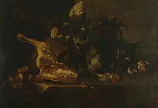Still life with meat and dead birds