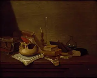 Still life with skull, books, candle and a flask